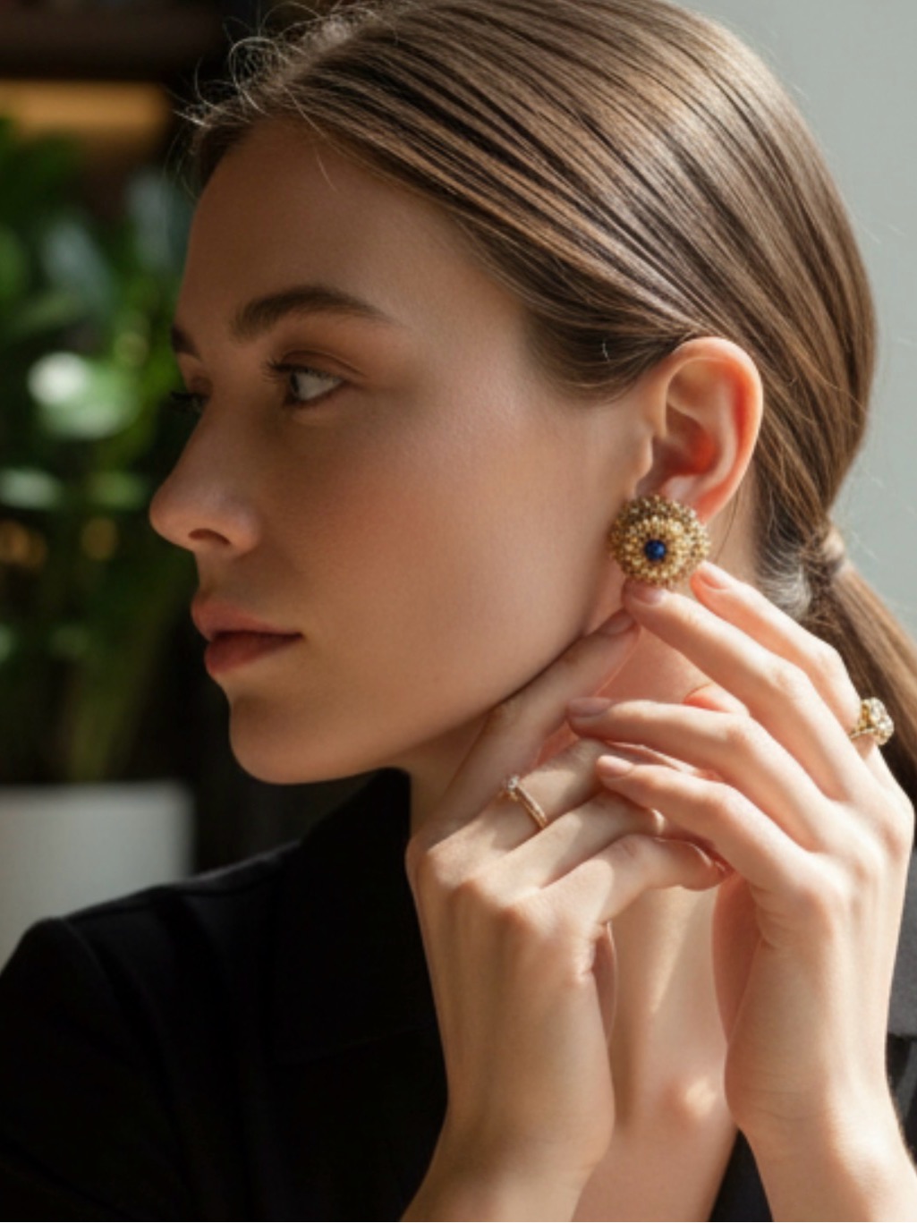 Gold-Tone Pearl Cluster Earrings With Sapphire Center